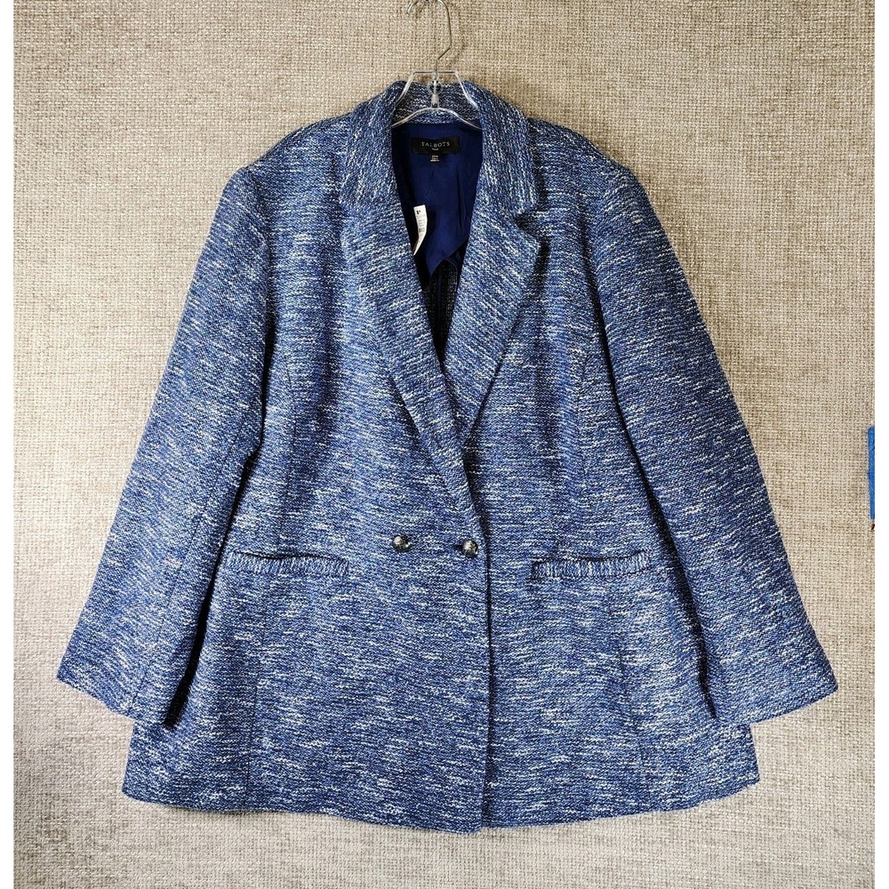Talbots Boucle Single Button Blazer Jacket Womens 22W Blue White Pockets NEW